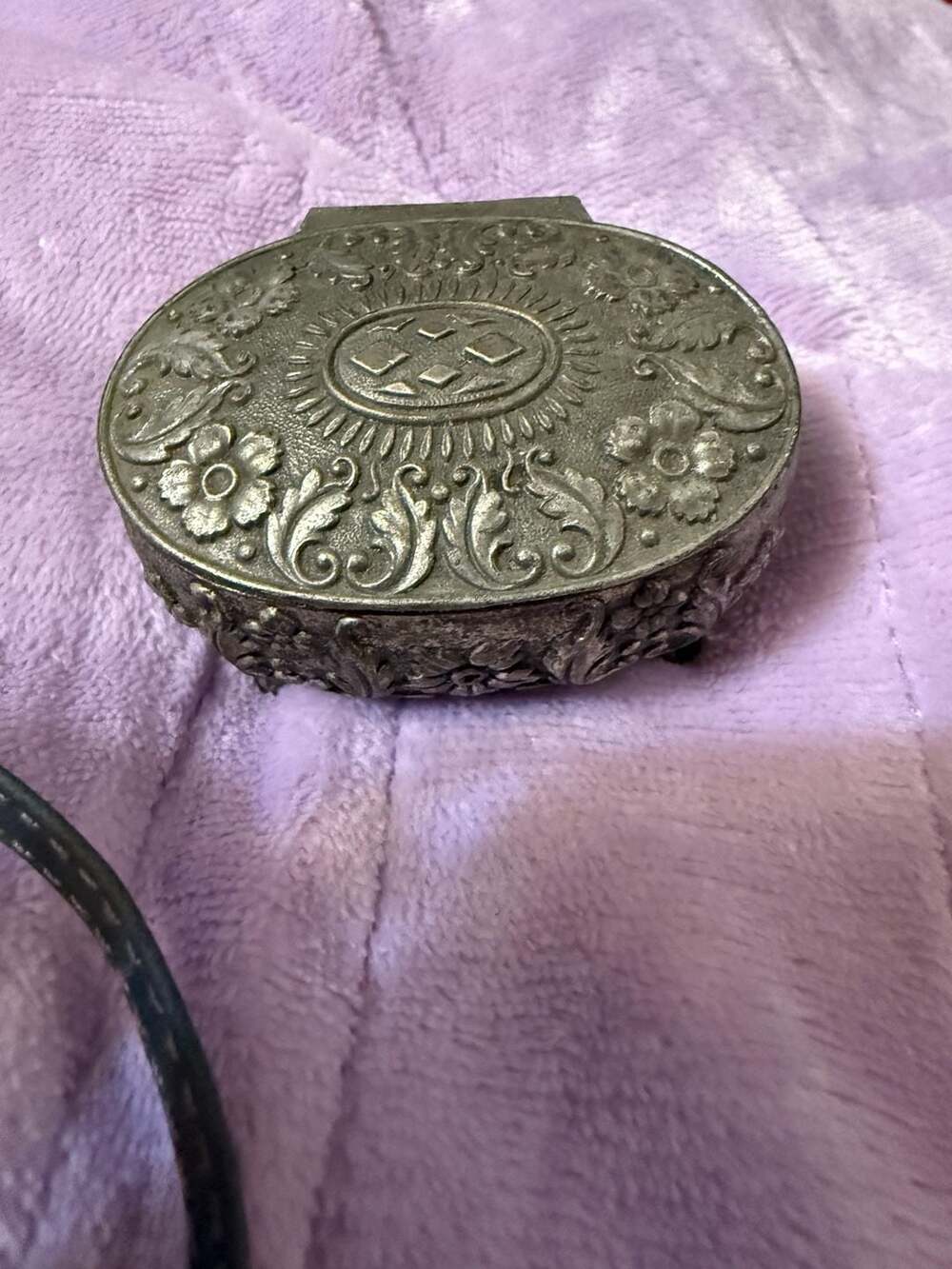 Vintage Ornate Floral Metal Trinket Box Made in Japan